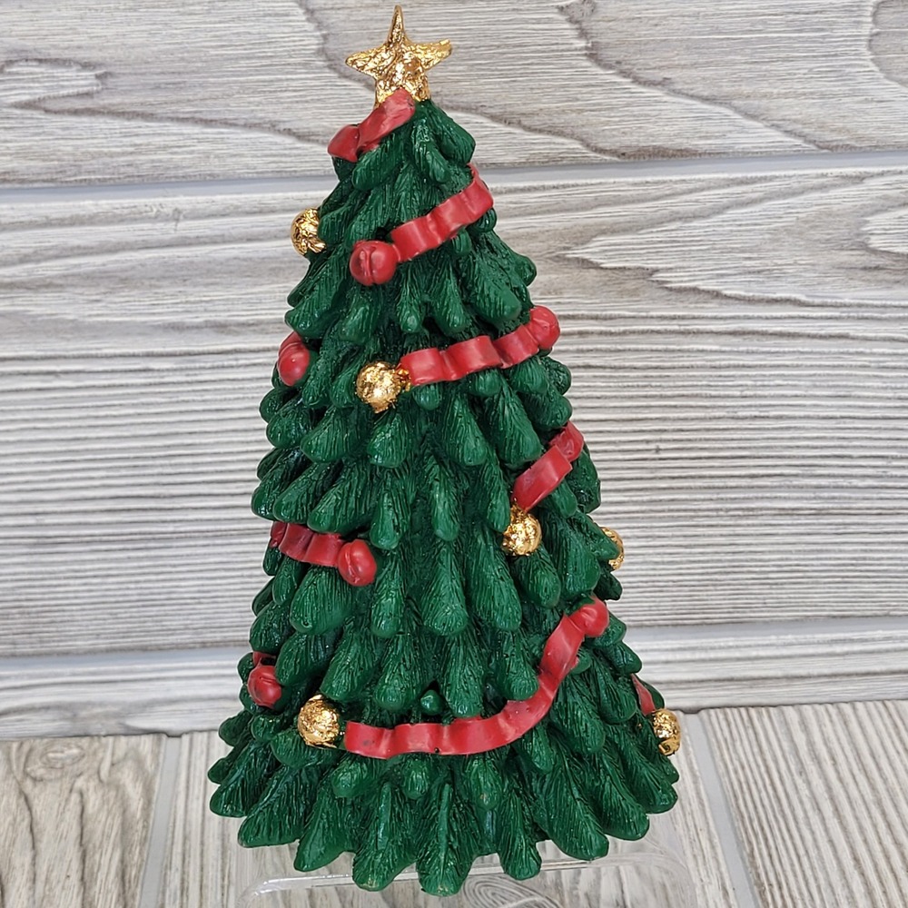 Enesco Green Tabletop Christmas Tree Red Ribbon Gold Ornaments‎ Star Vtg 1994